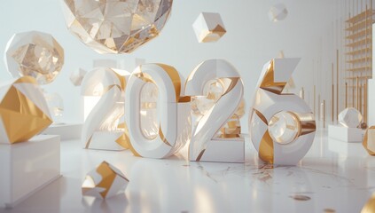 Glowing large 3D numerals 2026 reflecting on polished marble tabletop, with gold faceted gems