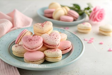 Heart-Shaped Macarons Pink Beige on Blue Plate