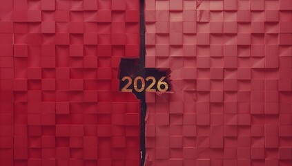 Tearing vertical red paper seam revealing black interior on studio set, showing gold numerals 2026