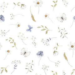 Watercolor seamless pattern with delicate white and blue flowers, butterflies and green plants. Isolated hand drawn illustration for textile, background or cute wallpapers, tendre spring print.