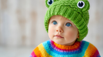 Baby wearing colorful frog hat and sweater with cheerful expression  