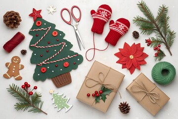 Flat lay of christmas crafting supplies for holiday gift wrapping and decor