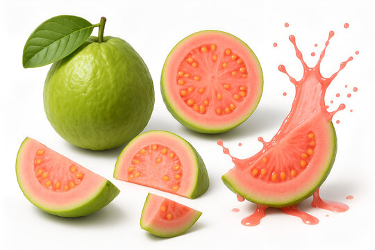 Fresh pink guava fruit with slices and juice splash isolated on white background