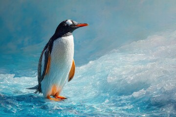 Naklejka premium Captured in icy blues, a penguin stands serene against a backdrop of shimmering ice and water. An ode to wildlife and polar landscapes.