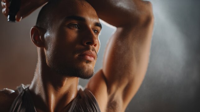 A strong man stands confidently, applying deodorant spray to his armpit after a rigorous training session in a lively gym, sweat glistening on his skin in the dynamic environment