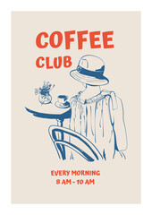 Sketch of a woman in a hat with a cup of coffee sitting at a cafe table. Hand-drawn ink vector illustration. Vertical poster, card, cover, template.