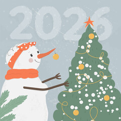 Cute snowmen with Christmas ball and tree Vector illustration.