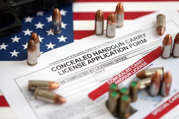 New York firearms license and handgun with bullets on US flag close up. Gun permit and Constitution...