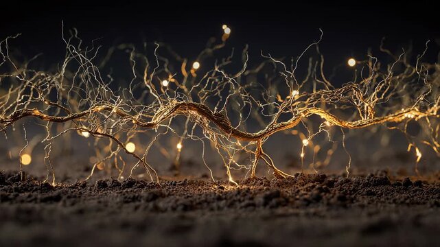Mycelium network forms underground fungal web concept. Communication distributing nutrients for growing root system.
