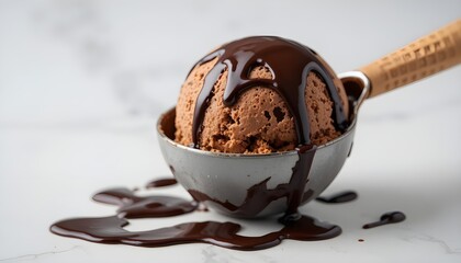 Isolated on a clear background is a chocolate ice cream scoop covered in dark chocolate sauce.