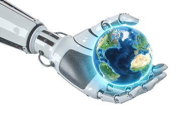 3d robot hand holding glowing Earth sphere on transparent background, ideal for AI concepts, global technology visuals, innovation blogs, eco-tech presentations and futuristic marketing graphics.