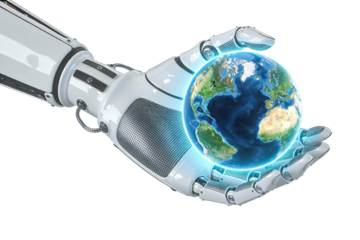3d robot hand holding glowing Earth sphere on transparent background, ideal for AI concepts, global technology visuals, innovation blogs, eco-tech presentations and futuristic marketing graphics.