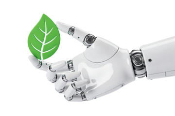 3d robotic hand holding green leaf icon on transparent background, perfect for eco-tech themes, sustainability presentations, clean energy blogs, futuristic branding and environmental graphics.