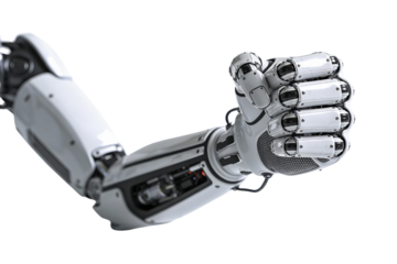 3d robotic arm with clenched fist on transparent background, symbolizing power, strength and success, ideal for innovation themes, tech branding, promo graphics and futuristic visuals.
