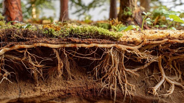 Mycelium network forms underground fungal web concept. The intricate roots and fungi showcase nature's interconnectedness and growth.
