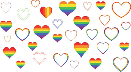 Seamless Pattern of Colorful Rainbow Pride Hearts and Outline Shapes