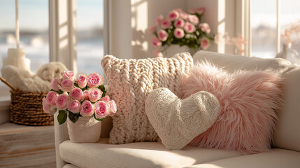 A cozy living space adorned with pink roses, fluffy pillows, and a warm atmosphere, creating a comforting and inviting ambiance.