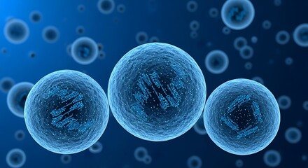 Three blue cells with dark centers on a blue background