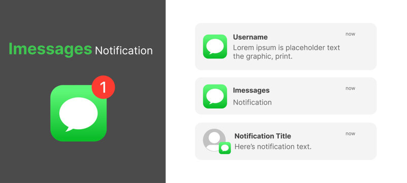 apple Imessages notification UI on iOS app screen. Clean vector design showing chat alerts, message preview, and modern mobile interface for social media and communication projects.