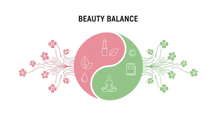 Beauty Balance Yin Yang Symbol with Skincare Icons and Floral Elements.