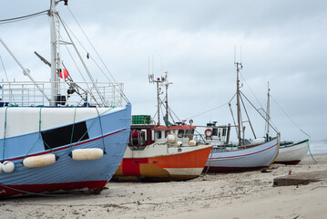 Fishing boats at the L&oslash;kken beach in Denmark.
