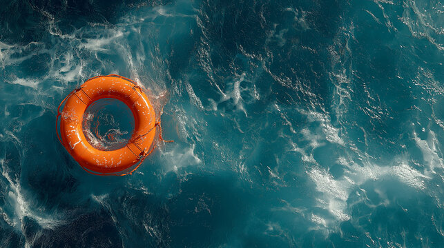 A bright orange life preserver floating in deep blue ocean waters, symbolizing safety and rescue amidst the vast sea. - Powered by Adobe