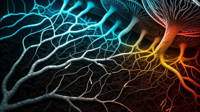 Mycelium network forms underground fungal web concept. Communication root system distributing nutrients for growing nutrients system.