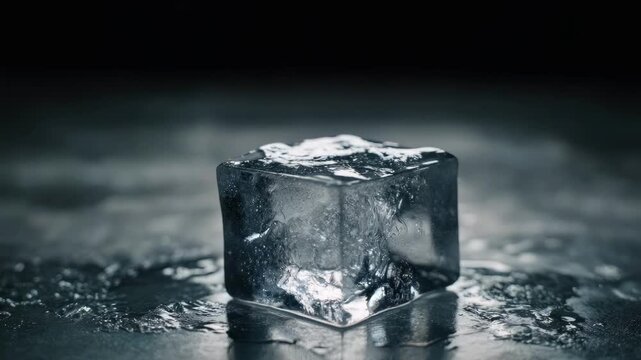 Ice cube surrounded by flames on a dark, wet surface.
