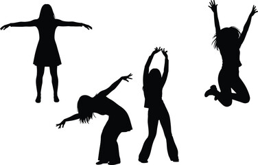 Silhouettes of young, happy women and girls dancing, jumping, and celebrating, symbolizing energy, freedom, joy, excitement, success, active lifestyle, expression, and youthful movement illustration.