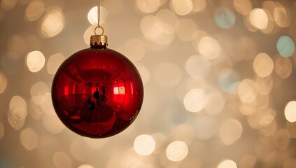 Hanging glossy red bauble reflecting warm bokeh lights in living room, with gold cap