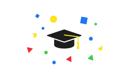 Graduation Cap with Colorful Geometric Shapes on White Background.
