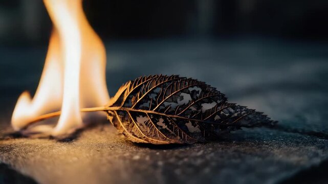A dried leaf burning on the ground, its delicate skeletal veins lit by a small flame.
