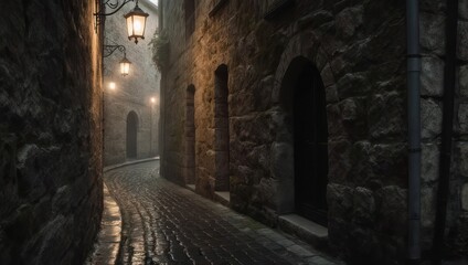 Fototapeta premium Mysterious Cobblestone Alleyway at Night with Gas Lamps.