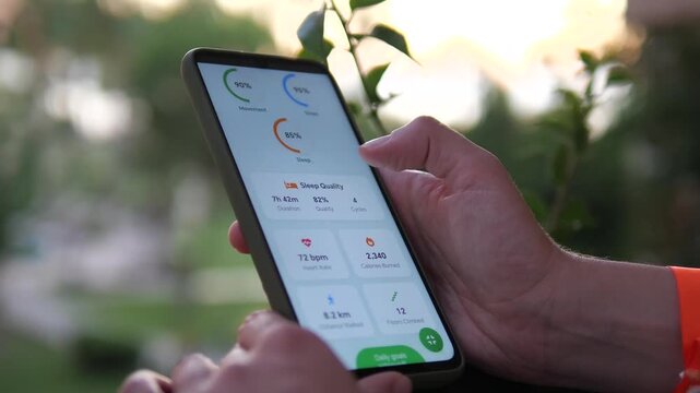A peaceful moment of selfreflection as a person checks their health metrics on a smartphone in a relaxing outdoor setting. This clip symbolizes balance, the integration of health into daily life, and