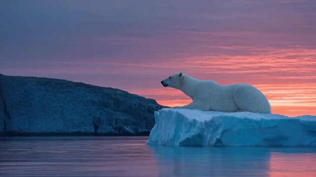 A polar bear sitting on a floating iceberg in calm Arctic water at sunset with a pink-orange sky.