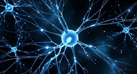 Network of blue neurons on a dark background with glowing connections