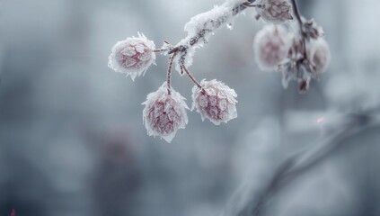 Glittering pale pink buds hanging on thin woody branch in winter garden, with hoarfrost crystals