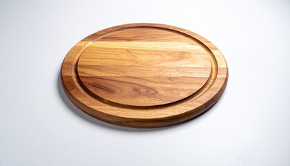 Round wooden cutting board on white surface