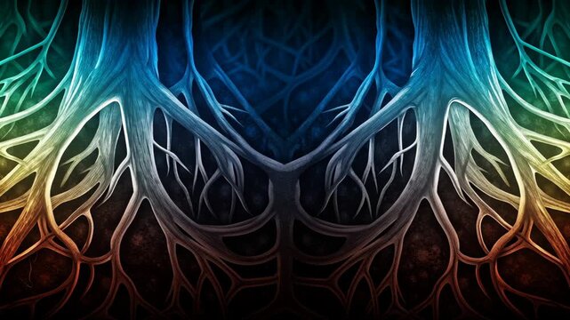 Mycelium network forms underground fungal web concept. Intricate, vibrant roots connect in a symbiotic relationship beneath the surface.