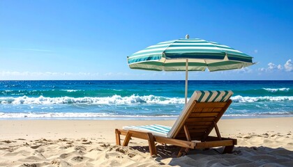 Beach lounge chair under striped umbrella