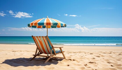 Beach lounge chair under striped umbrella