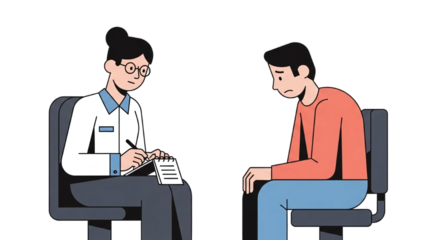 Depressed young man in a therapy session with a female counselor, illustrating mental health support, emotional healing, and professional consultation