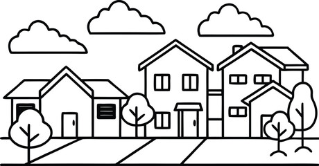 Fototapeta premium Black and white line of suburban houses and trees line suburban houses