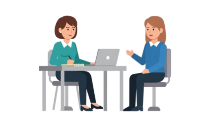 Two Professional Women Engaged in a Focused Business Meeting, Job Interview, or Collaborative Discussion at an Office Desk with a Laptop and Notebook, Showcasing Effective Communication and Teamwork