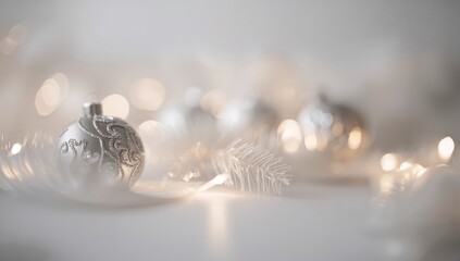 Shining silver bauble with glitter swirl occupying left front on tabletop, pine sprig, fairy bokeh