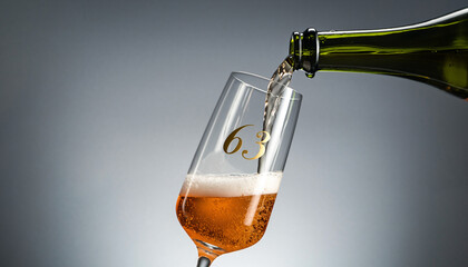 Glass engraved with the number 63. Champagne bottle fills the glass with alcohol. Celebrating milestone, anniversary or birthday