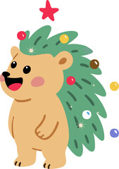Cute Christmas Hedgehog with tree decorations, Isolated PNG