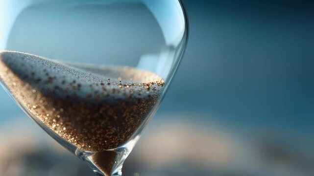 An hourglass with sand pouring from the top chamber to the bottom through a narrow neck.