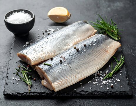 Fresh raw herring fillets with salt, pepper, and rosemary on a dark slate board, ready for cooking.
