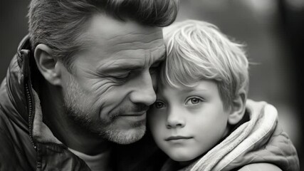 A heartwarming scene of a man embracing his child. Perfect for family-oriented content.